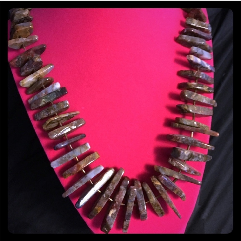 Vintage Agate Stone Necklace Long 31” Boho Statement Earth Tone - Picture 5 of 6